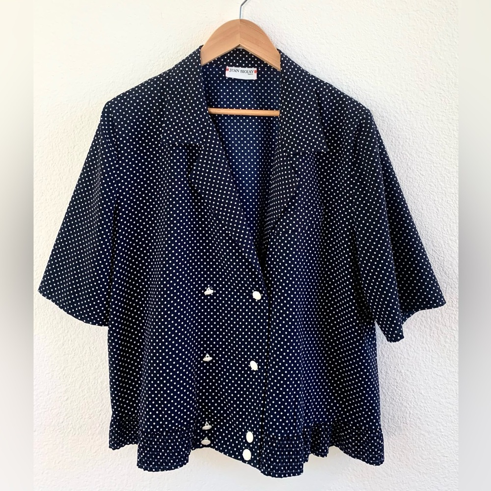Vintage French Navy Polka Dot Blouse Size L, Button Down Short Sleeve Blouse